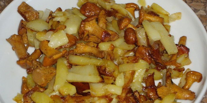 Запеченный картофель с лисичками на тарелке