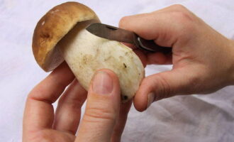 Сначала хорошо промойте белые грибы под проточной водой, затем очистите их и нарежьте небольшими кусочками, если они достаточно крупные.