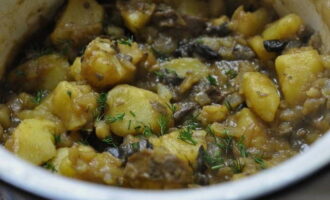 Затем добавьте лук и грибы к картофелю. Добавьте томатный соус, лавровый лист и соль по вкусу. Накройте крышкой и тушите до полной готовности картофеля.