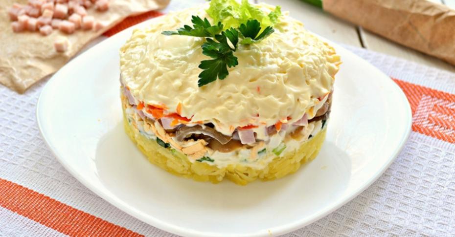 Овощной слоеный салат с грибами и ветчиной - пошаговый рецепт с фотографиями