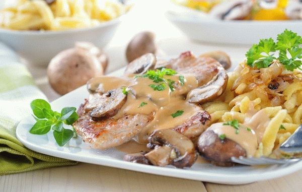 Картофель в духовке со свининой и грибами