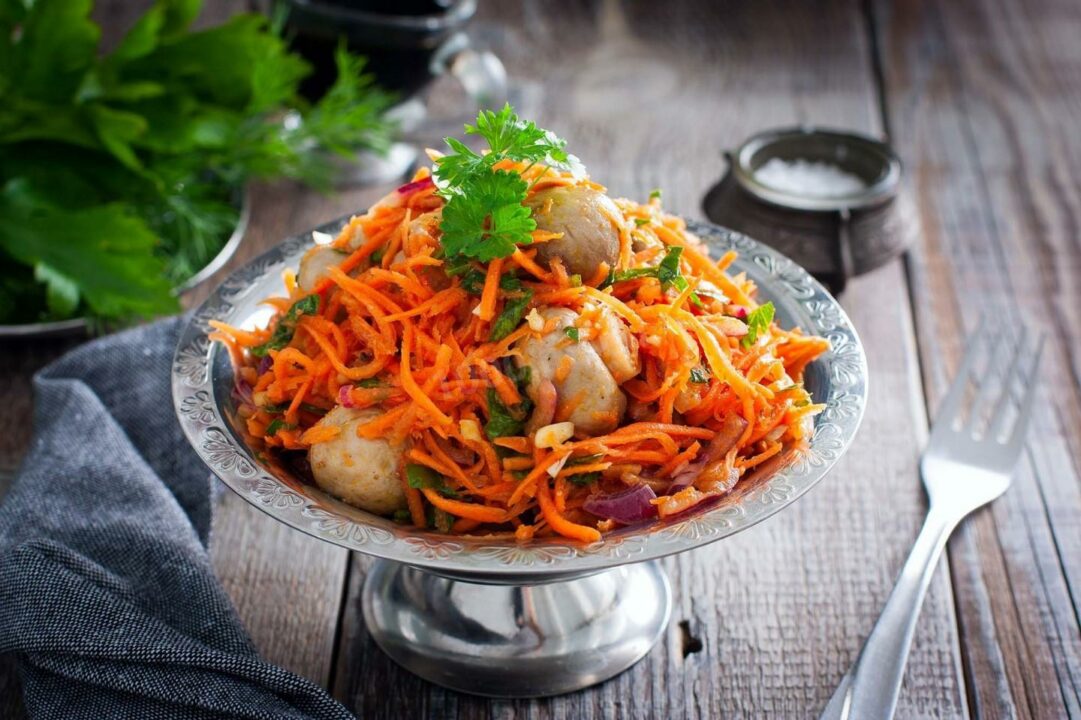 Грибной салат с корейской морковью и луком рецепт пошагово с фото и видео - 1000.menu