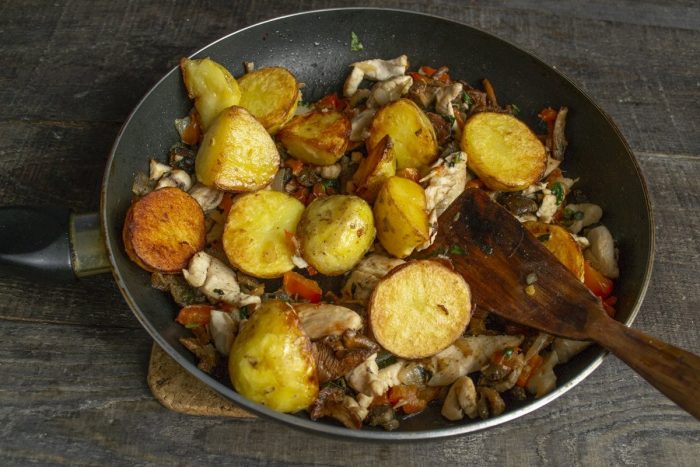 Жареная картошка с грибами и курицей на сковороде
